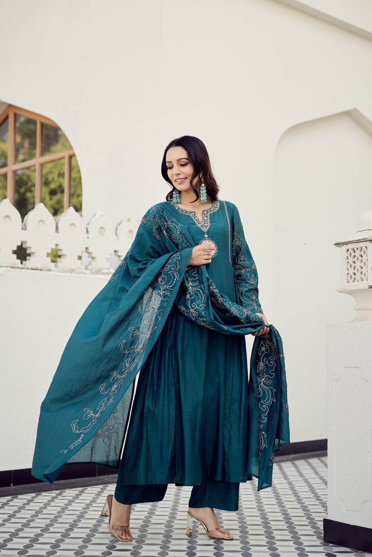 Rama Green Muslin Flared Anarkali Kurta Set – 3-Piece Heavy Zari Embroidered Suit with Muslin Dupatta