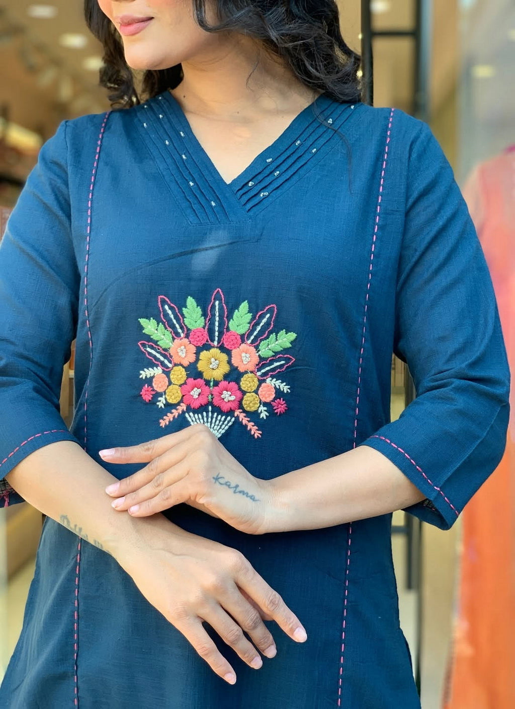 Aadesh Fashion Prussian Blue Rayon Slub V-Neck Kurti Pant Set with Chanderi Dupatta