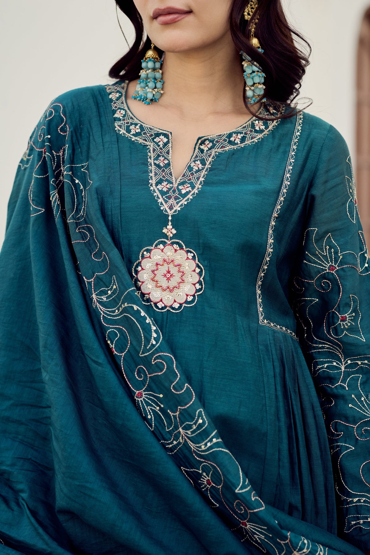 Rama Green Muslin Flared Anarkali Kurta Set – 3-Piece Heavy Zari Embroidered Suit with Muslin Dupatta