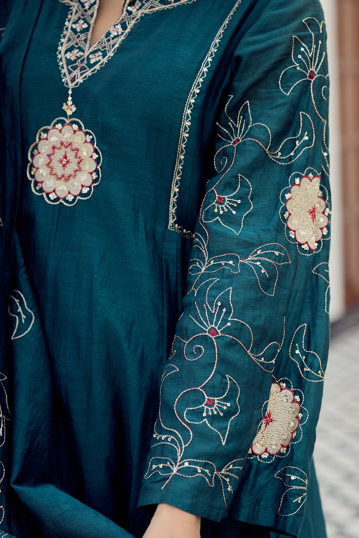 Rama Green Muslin Flared Anarkali Kurta Set – 3-Piece Heavy Zari Embroidered Suit with Muslin Dupatta