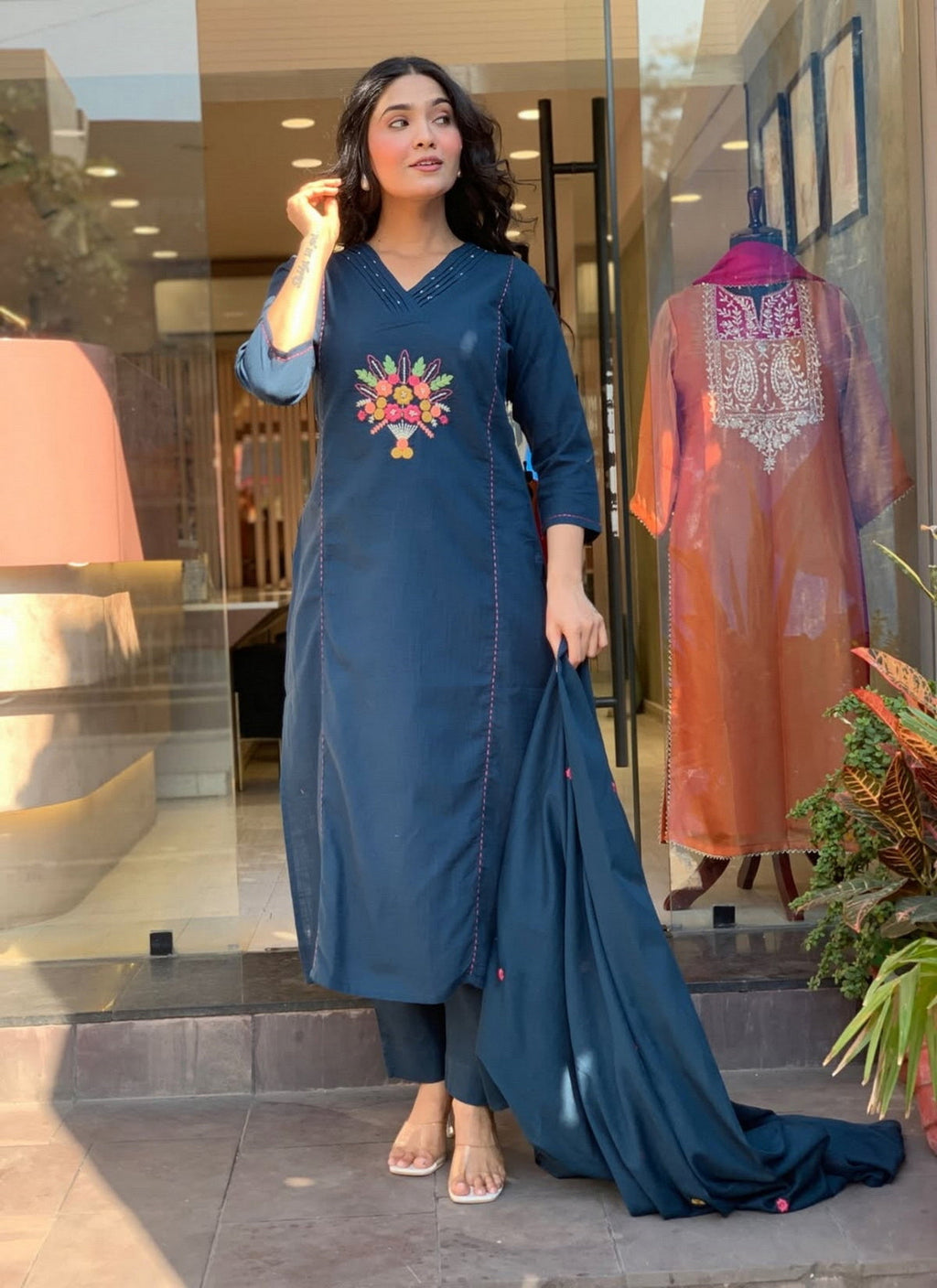 Aadesh Fashion Prussian Blue Rayon Slub V-Neck Kurti Pant Set with Chanderi Dupatta