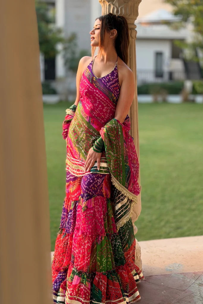 Aadesh Fashion Multi-Color Georgette Bandhani Halter Neck Kurti Sharara Palazzo Set