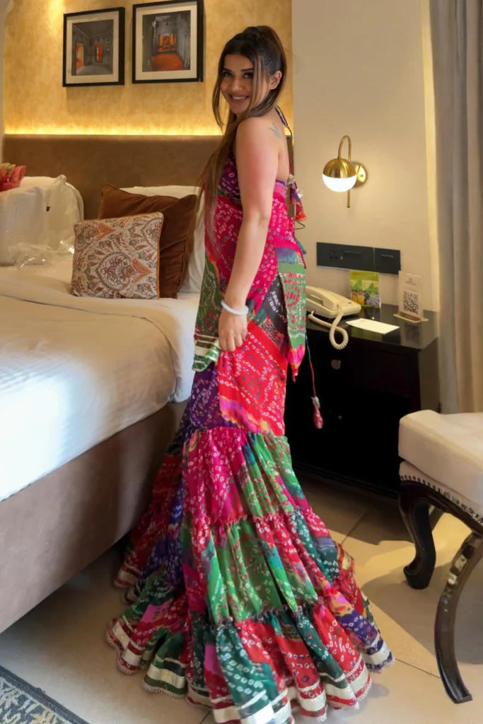 Aadesh Fashion Multi-Color Georgette Bandhani Halter Neck Kurti Sharara Palazzo Set
