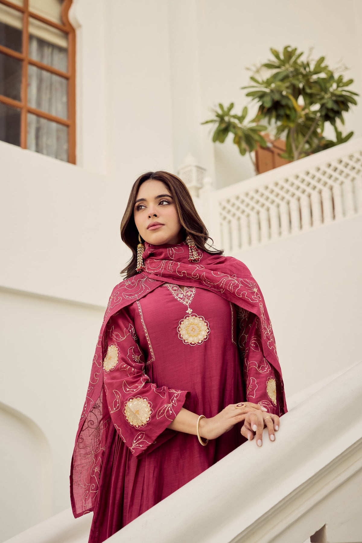 herry Pink Muslin Flared Anarkali Kurta Set – 3-Piece Royal Medallion Embroidered Suit with Muslin Dupatta