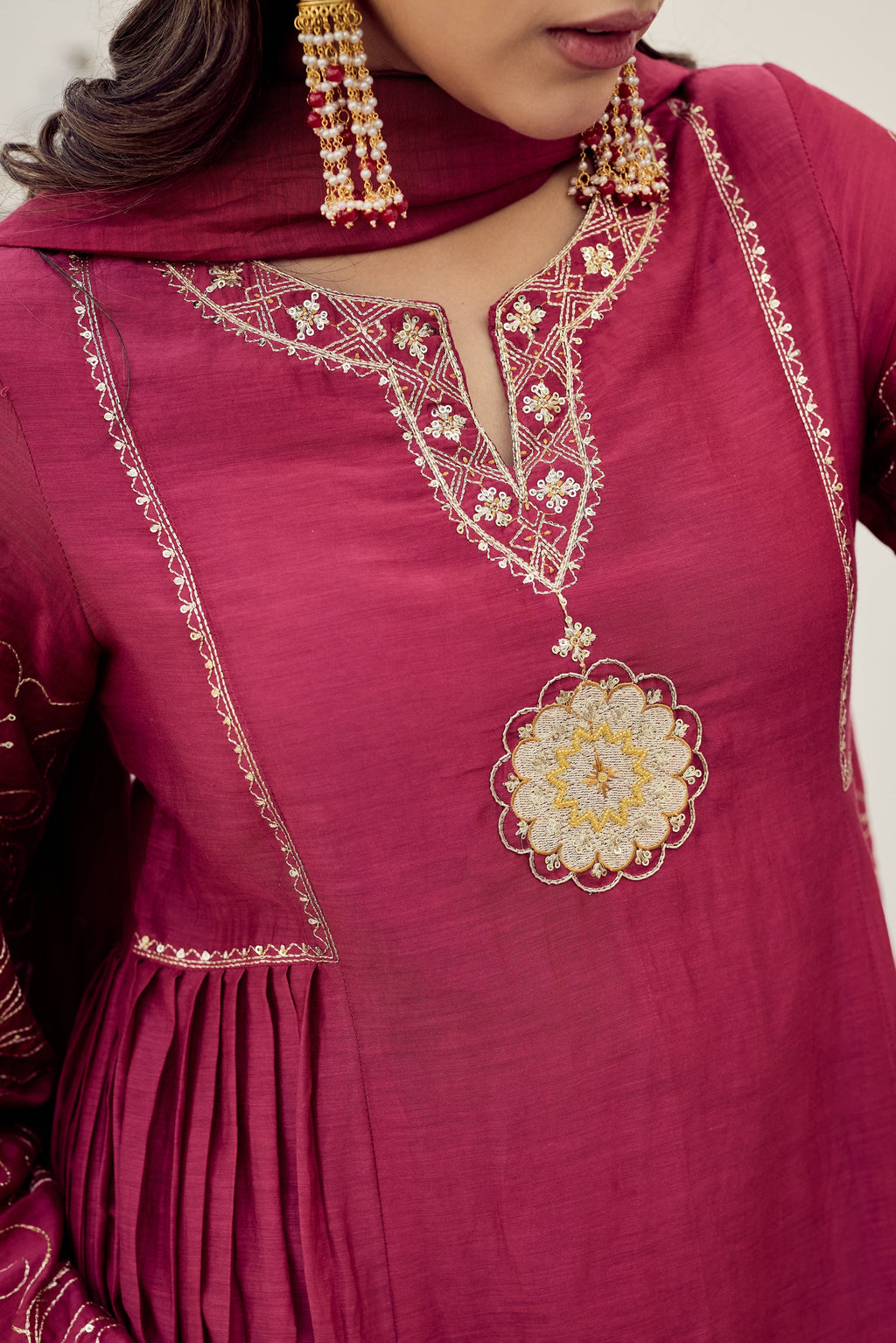 herry Pink Muslin Flared Anarkali Kurta Set – 3-Piece Royal Medallion Embroidered Suit with Muslin Dupatta