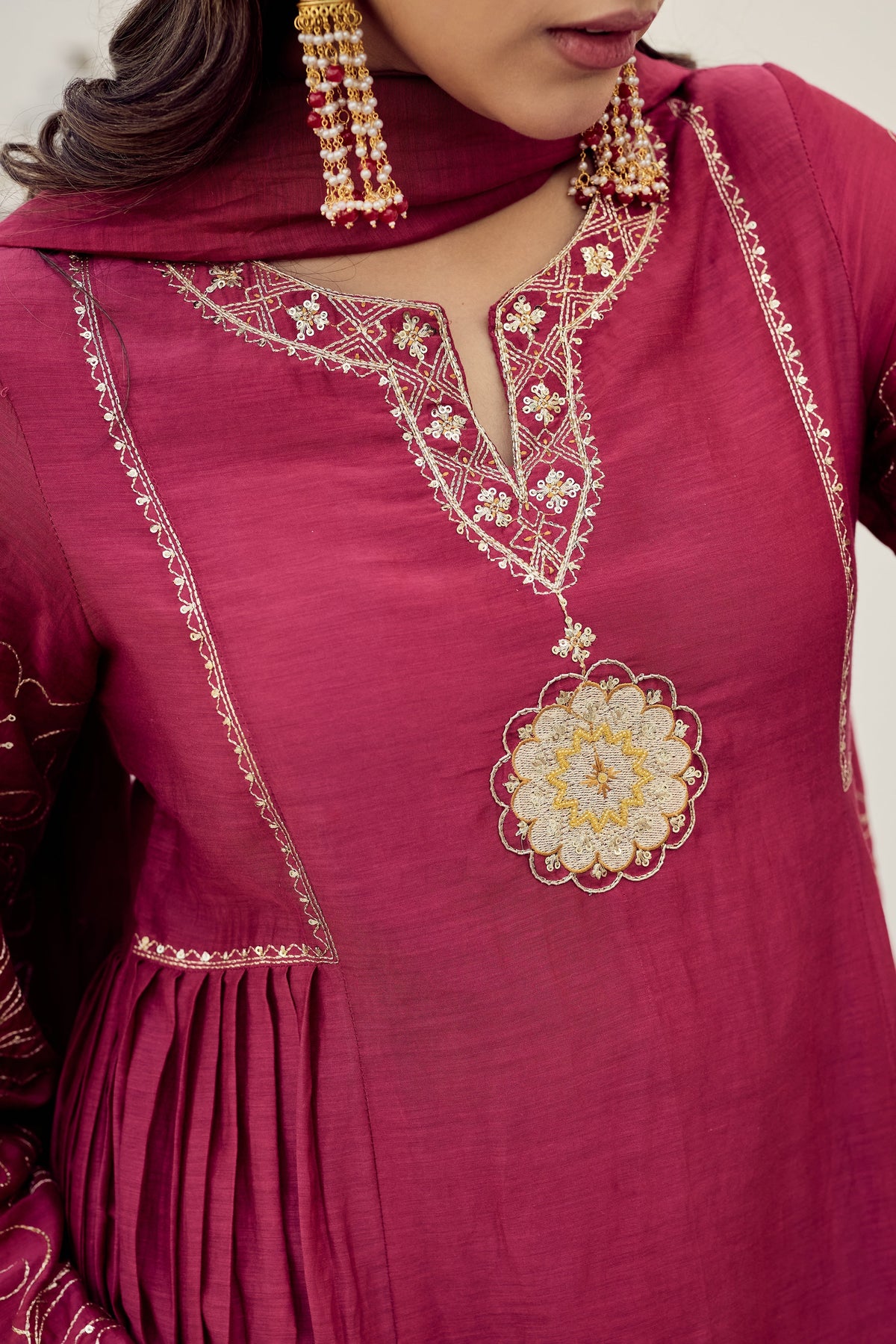 herry Pink Muslin Flared Anarkali Kurta Set – 3-Piece Royal Medallion Embroidered Suit with Muslin Dupatta