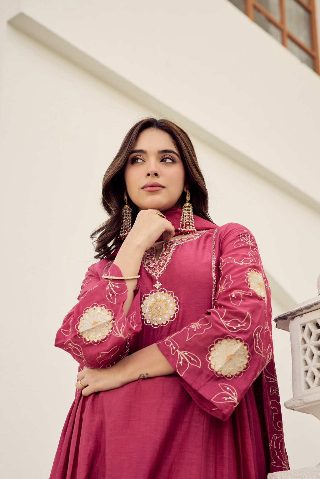 herry Pink Muslin Flared Anarkali Kurta Set – 3-Piece Royal Medallion Embroidered Suit with Muslin Dupatta