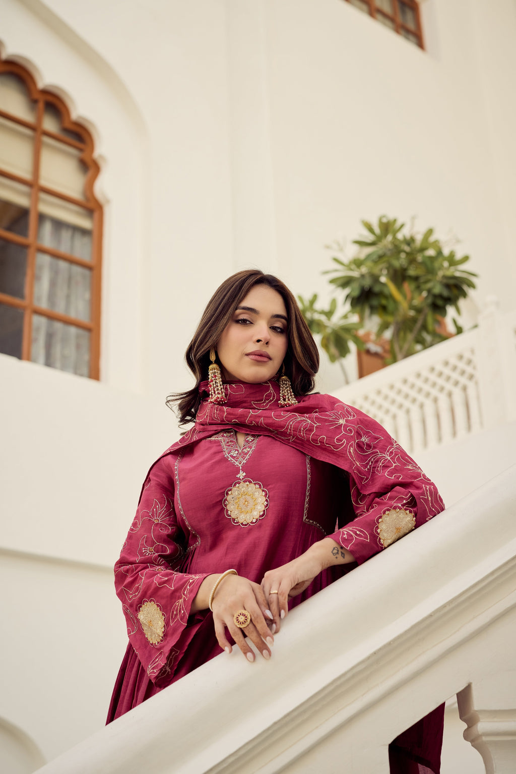 herry Pink Muslin Flared Anarkali Kurta Set – 3-Piece Royal Medallion Embroidered Suit with Muslin Dupatta