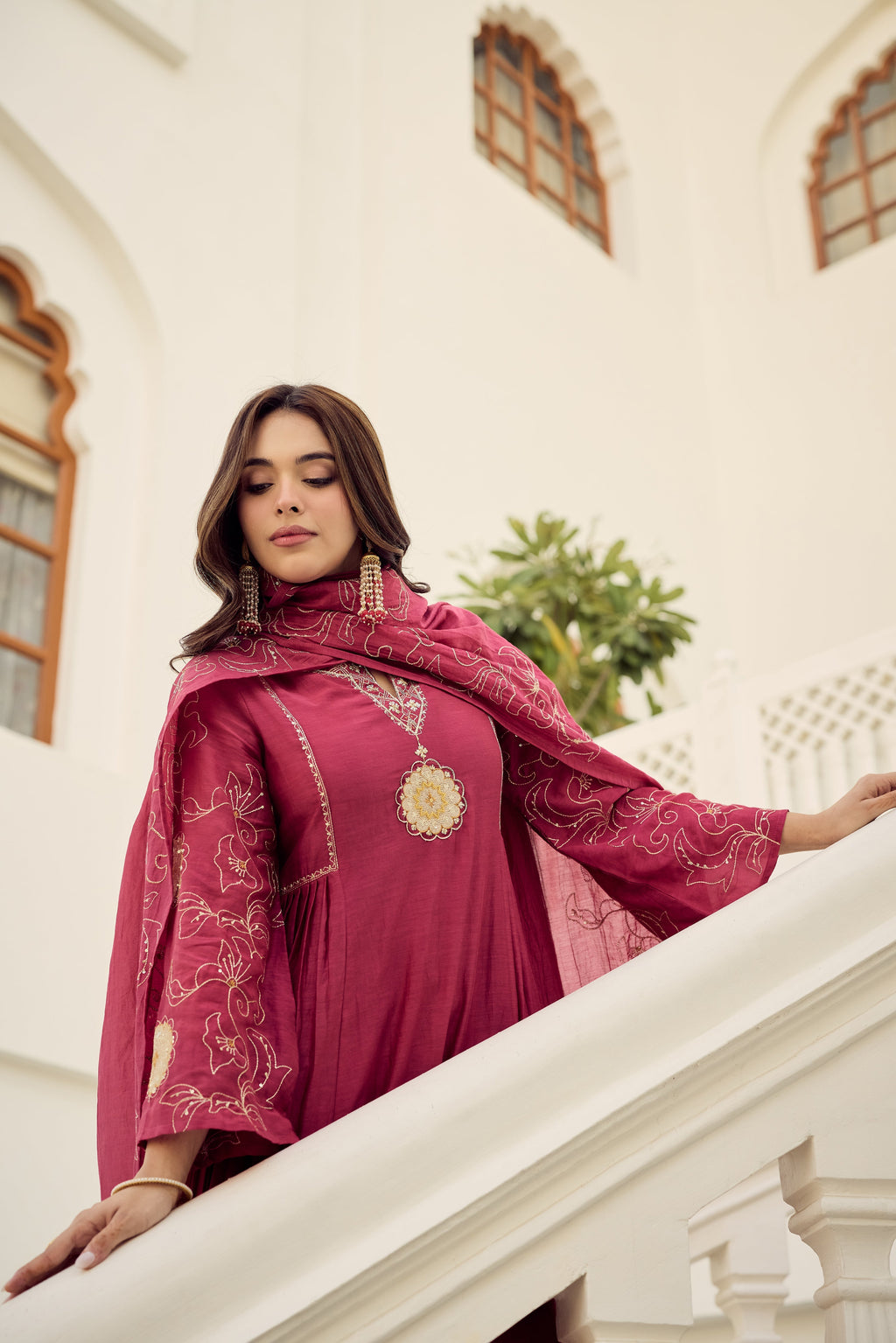 herry Pink Muslin Flared Anarkali Kurta Set – 3-Piece Royal Medallion Embroidered Suit with Muslin Dupatta