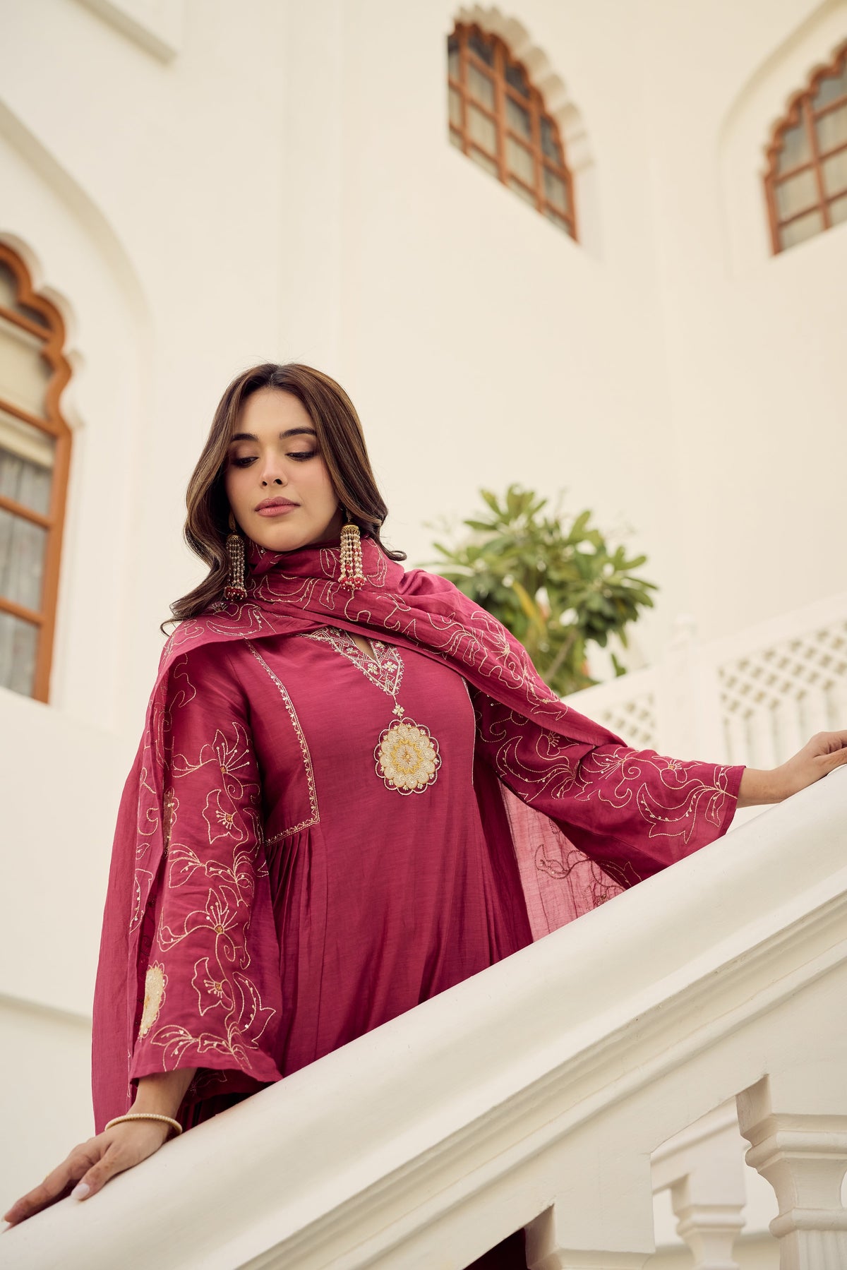 herry Pink Muslin Flared Anarkali Kurta Set – 3-Piece Royal Medallion Embroidered Suit with Muslin Dupatta