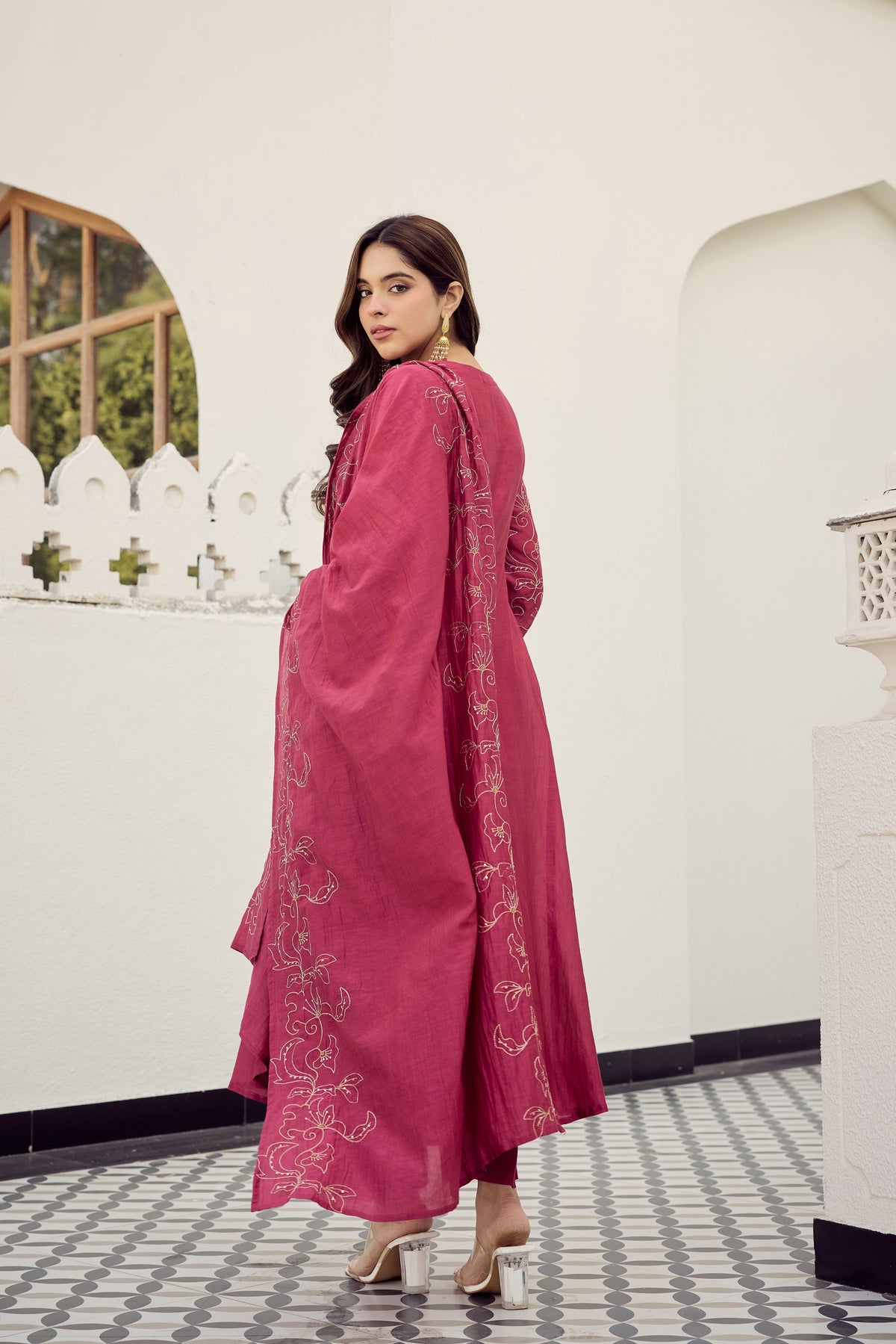 herry Pink Muslin Flared Anarkali Kurta Set – 3-Piece Royal Medallion Embroidered Suit with Muslin Dupatta