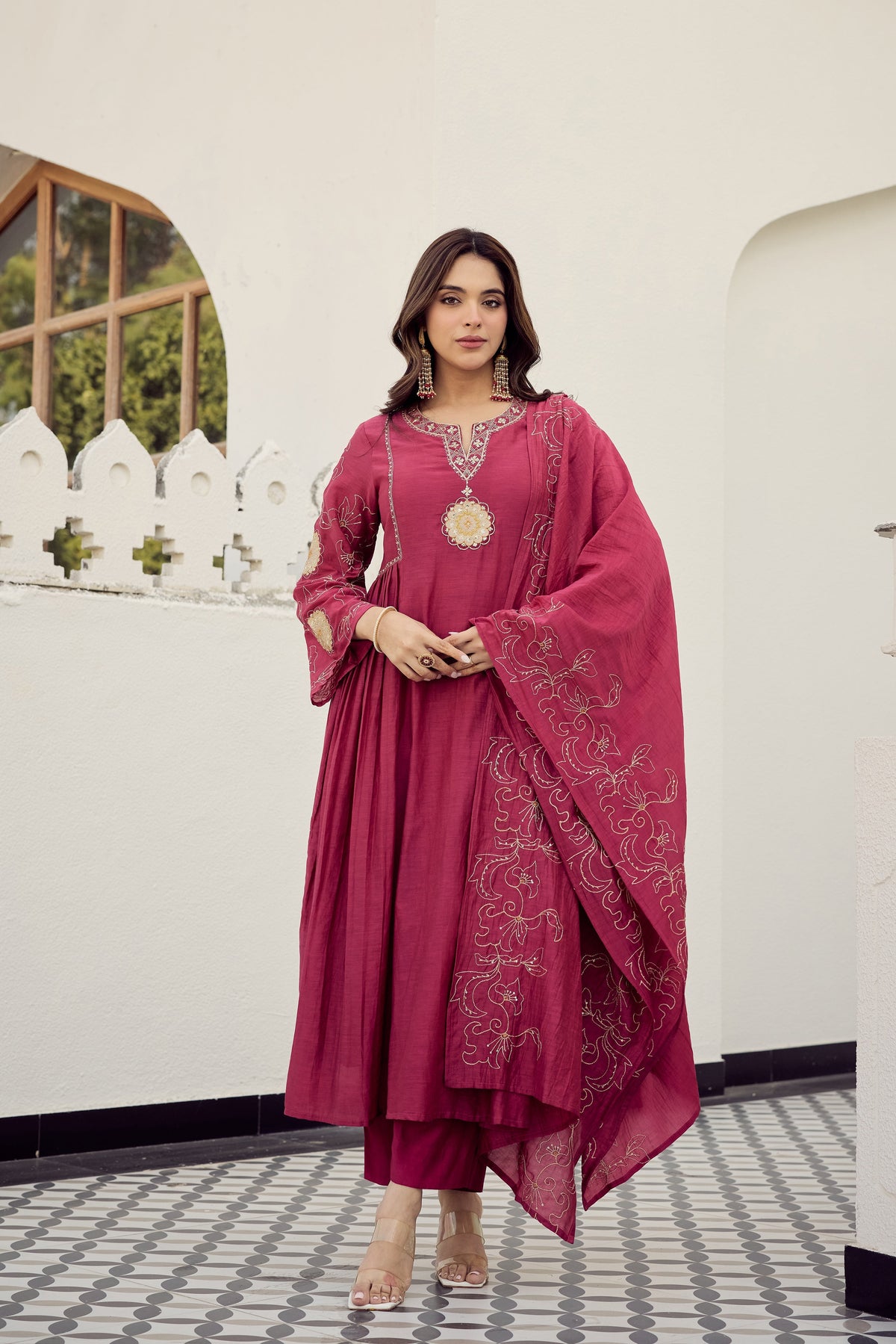 herry Pink Muslin Flared Anarkali Kurta Set – 3-Piece Royal Medallion Embroidered Suit with Muslin Dupatta