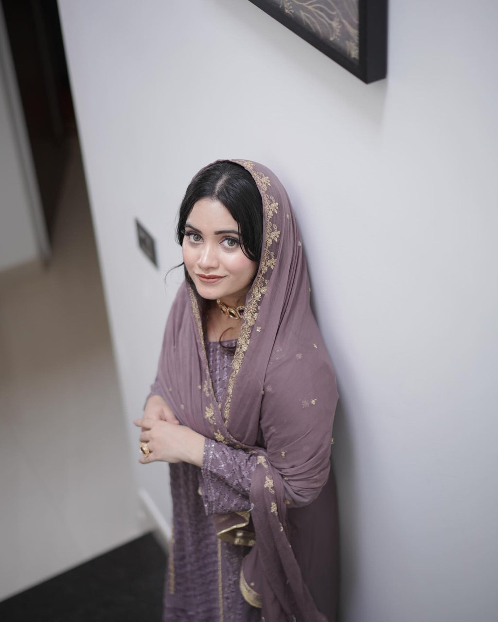 Aadesh Fashion Ravina Mauve Purple Georgette Embroidered Kurti Pant Set with Dupatta