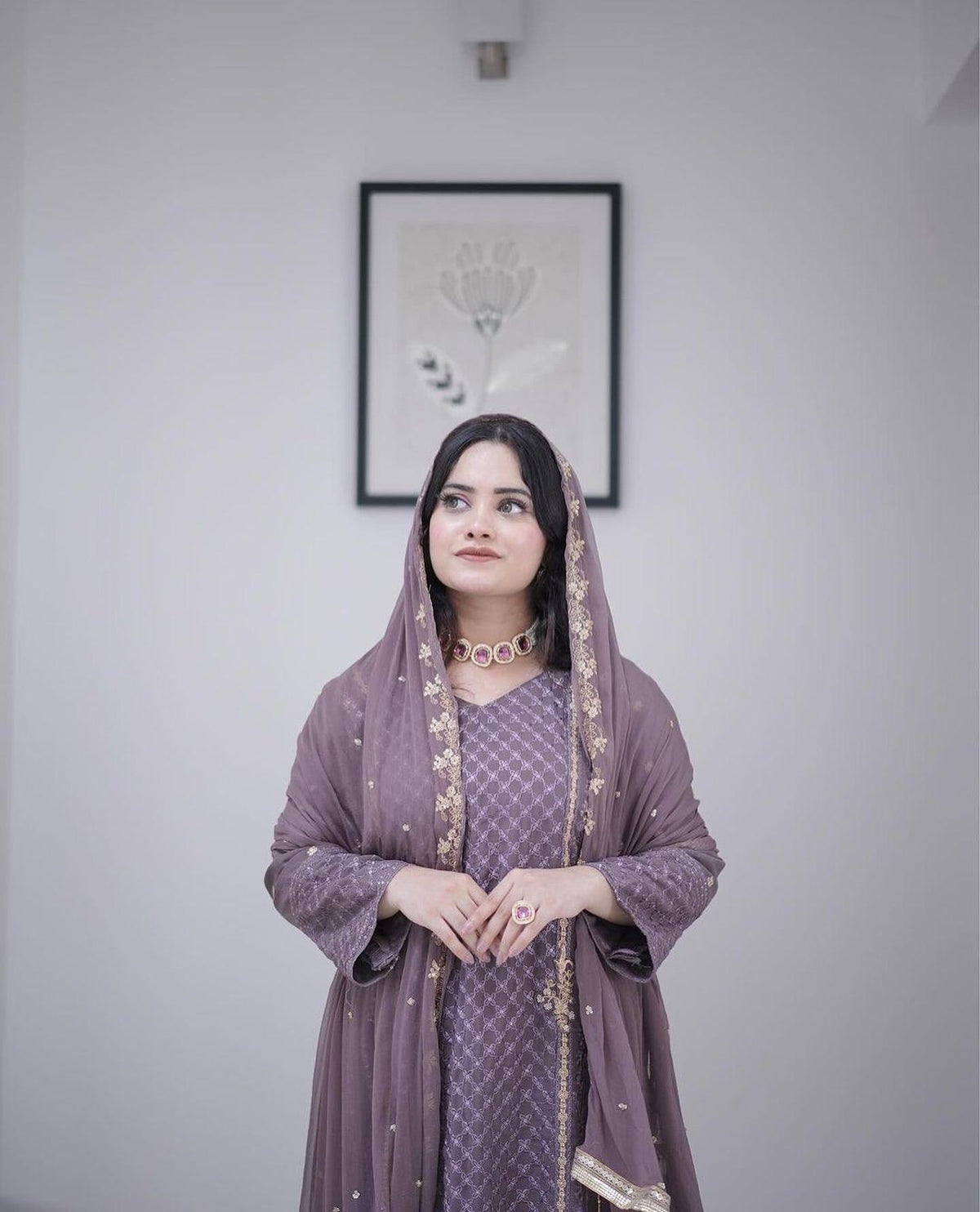 Aadesh Fashion Ravina Mauve Purple Georgette Embroidered Kurti Pant Set with Dupatta