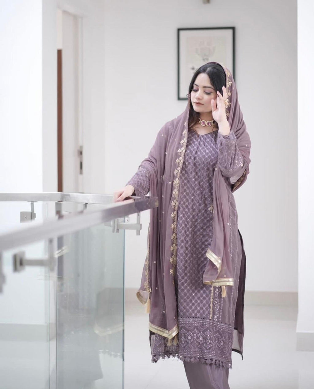 Aadesh Fashion Ravina Mauve Purple Georgette Embroidered Kurti Pant Set with Dupatta