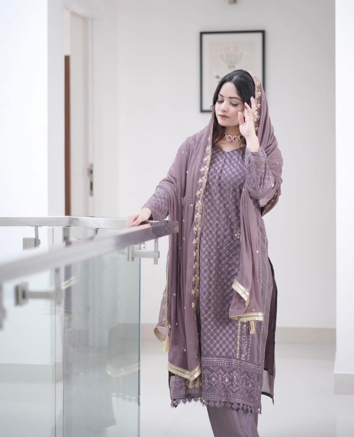 Aadesh Fashion Ravina Mauve Purple Georgette Embroidered Kurti Pant Set with Dupatta