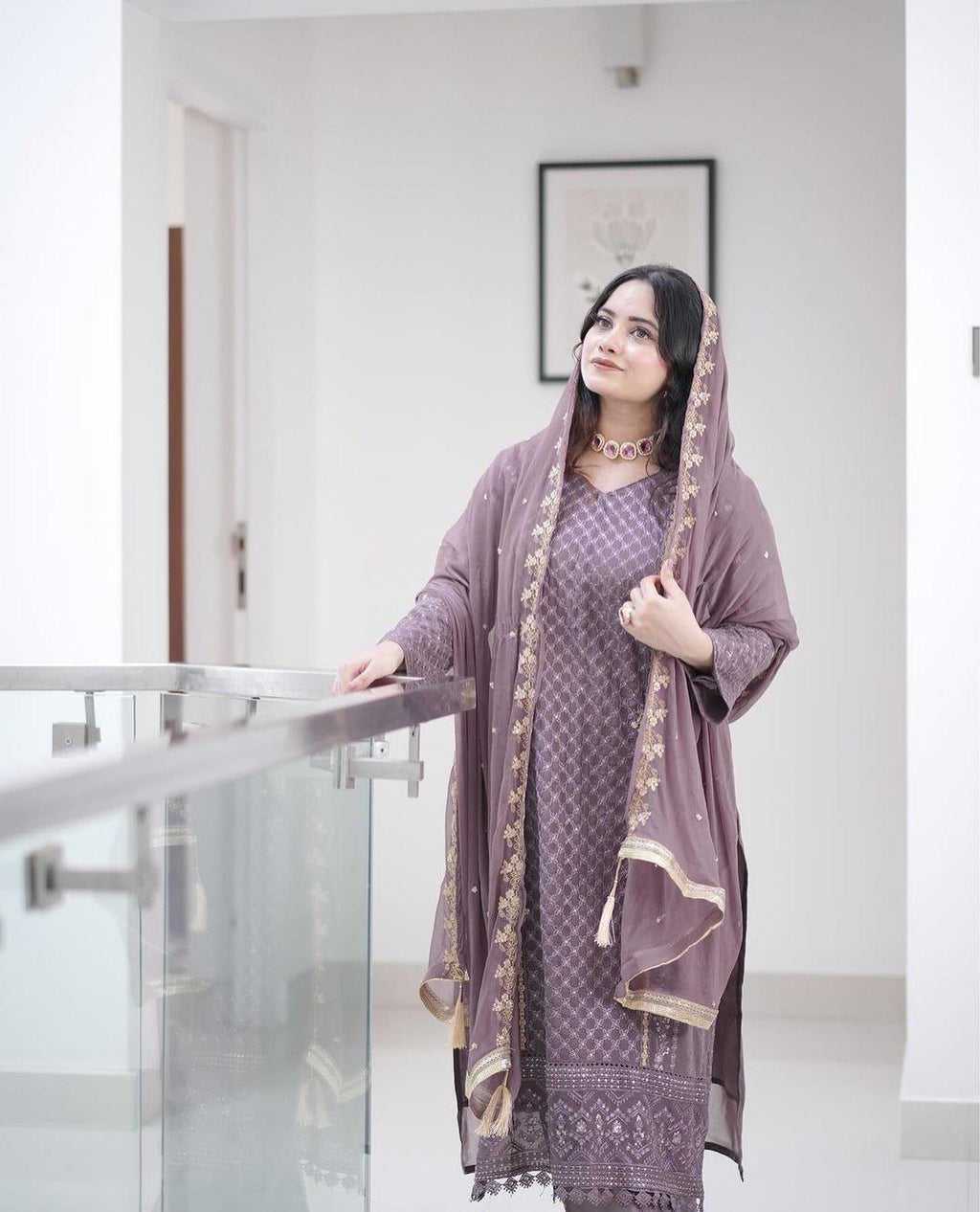 Aadesh Fashion Ravina Mauve Purple Georgette Embroidered Kurti Pant Set with Dupatta