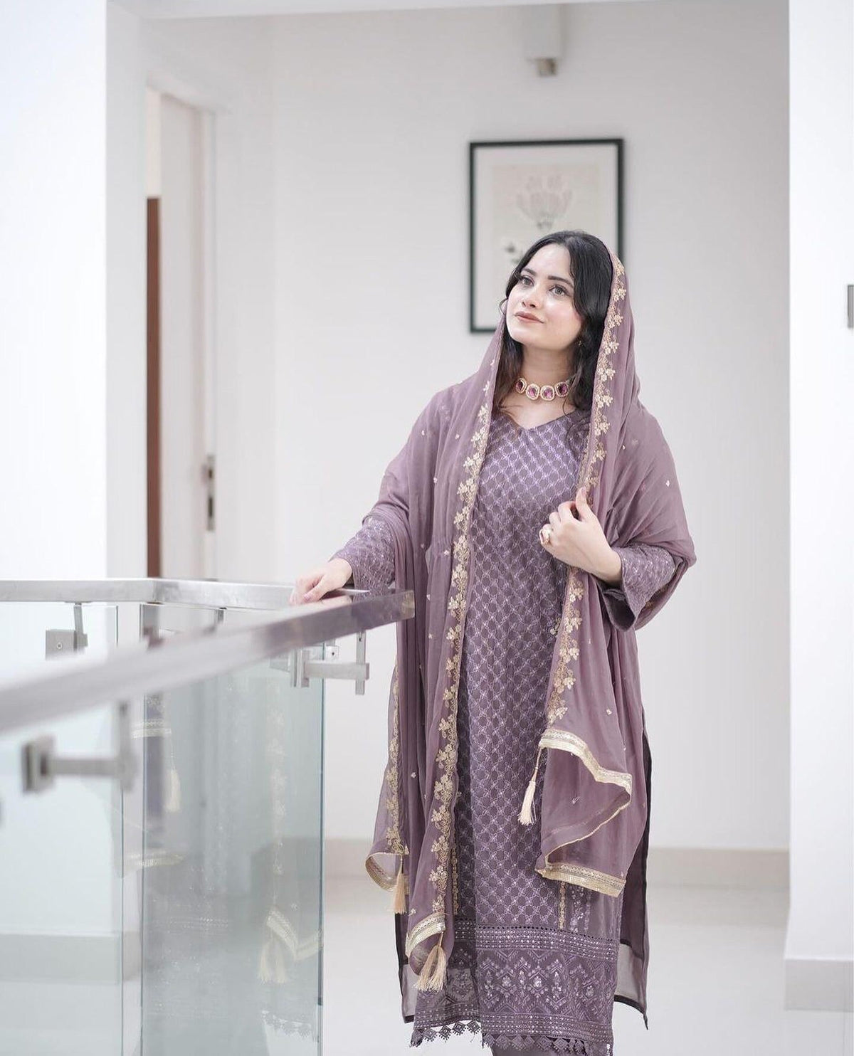 Aadesh Fashion Ravina Mauve Purple Georgette Embroidered Kurti Pant Set with Dupatta