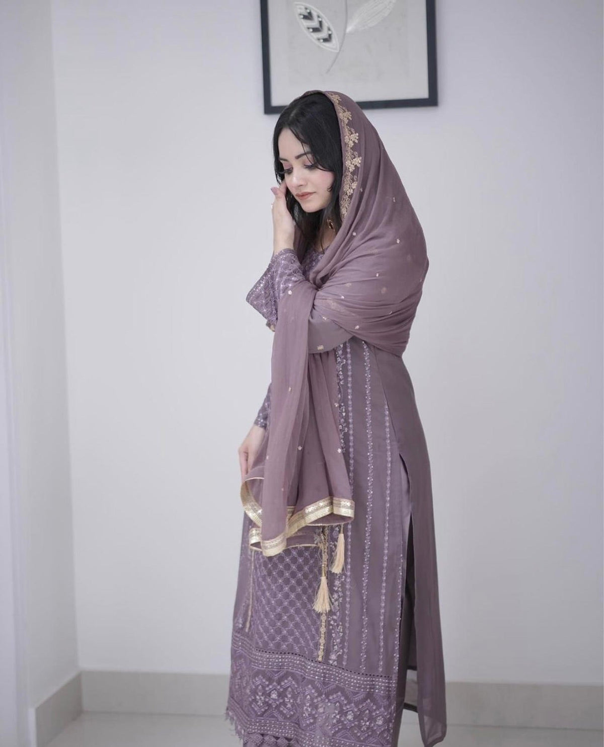 Aadesh Fashion Ravina Mauve Purple Georgette Embroidered Kurti Pant Set with Dupatta
