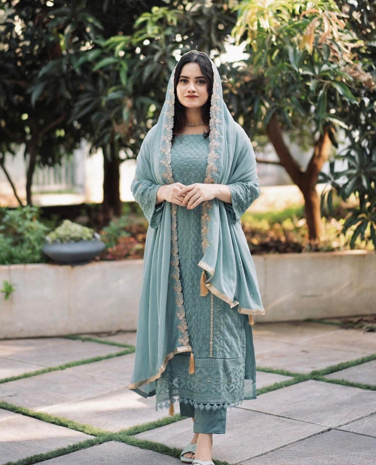 Aadesh Fashion Ravina Sky Blue Georgette Embroidered Kurti Pant Set with Dupatta