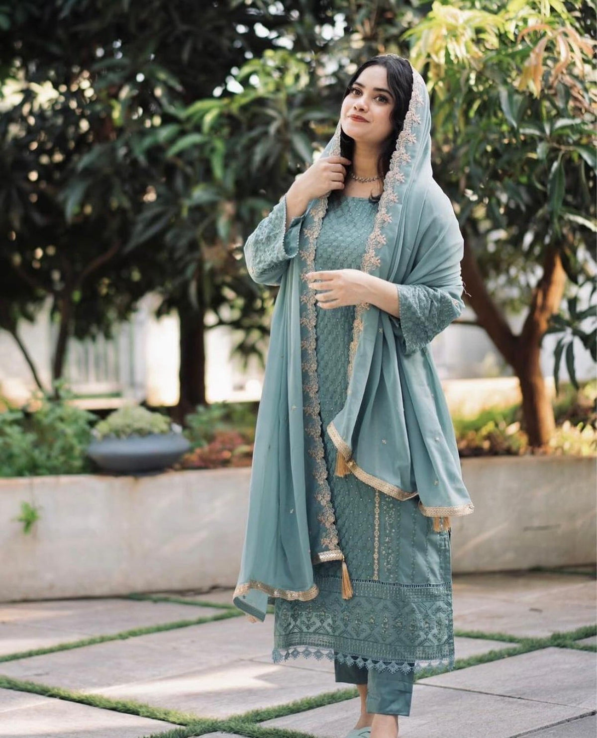 Aadesh Fashion Ravina Sky Blue Georgette Embroidered Kurti Pant Set with Dupatta