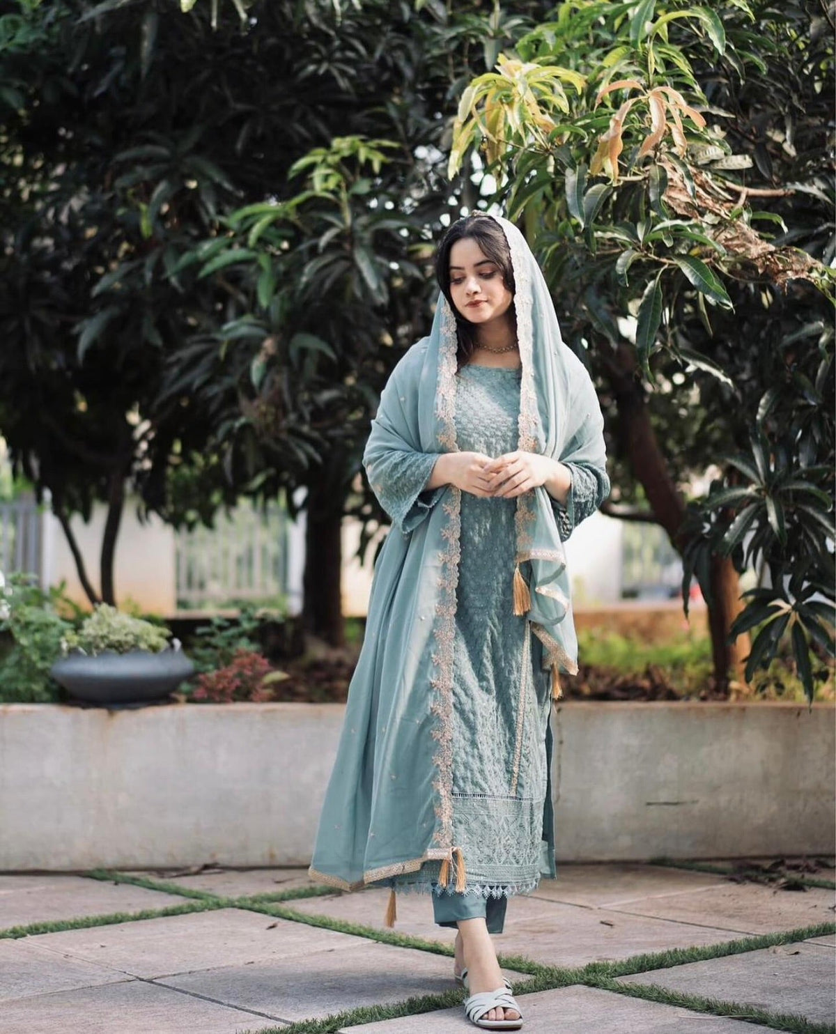 Aadesh Fashion Ravina Sky Blue Georgette Embroidered Kurti Pant Set with Dupatta