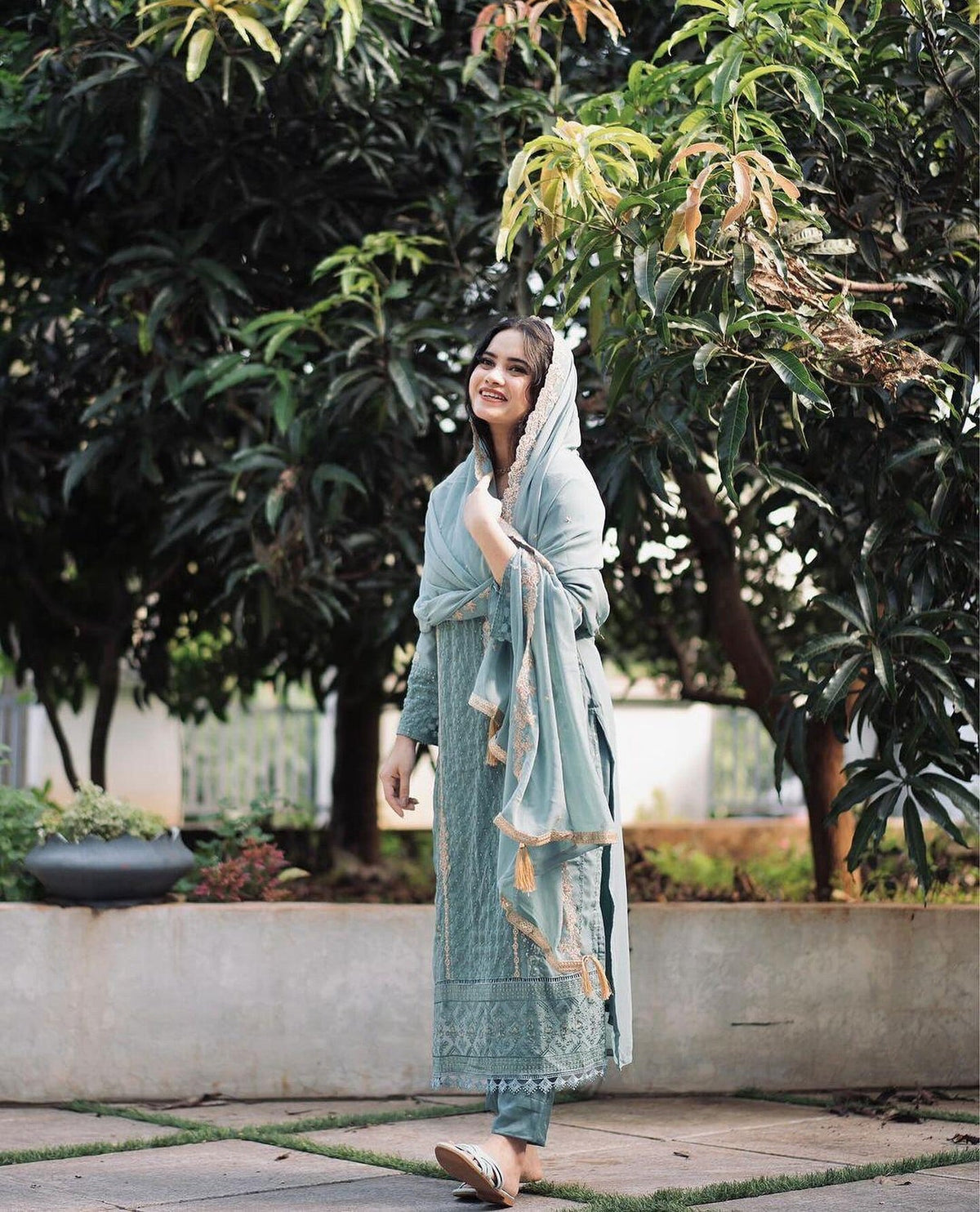 Aadesh Fashion Ravina Sky Blue Georgette Embroidered Kurti Pant Set with Dupatta