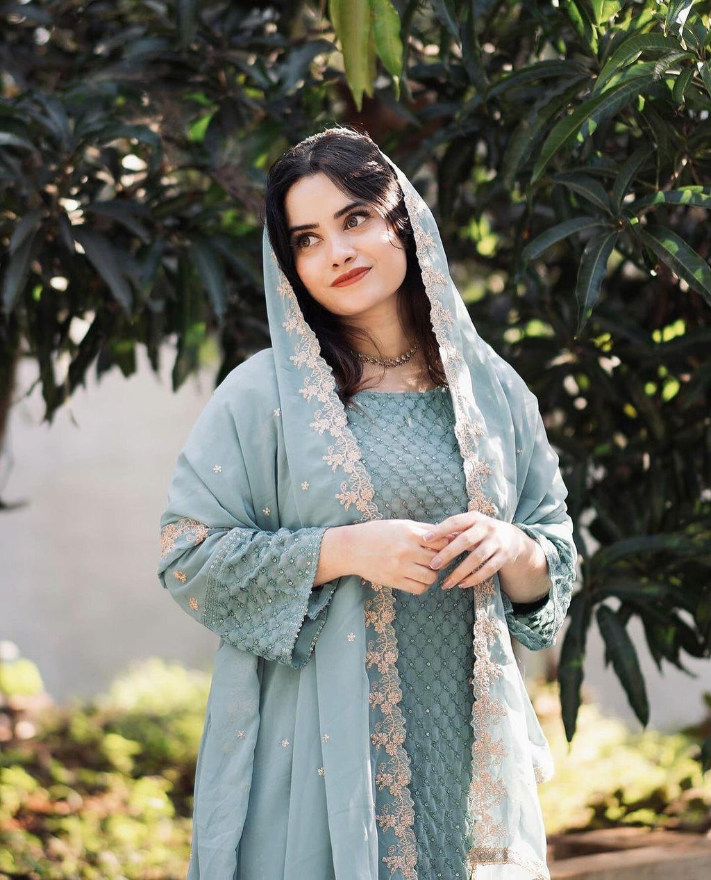 Aadesh Fashion Ravina Sky Blue Georgette Embroidered Kurti Pant Set with Dupatta