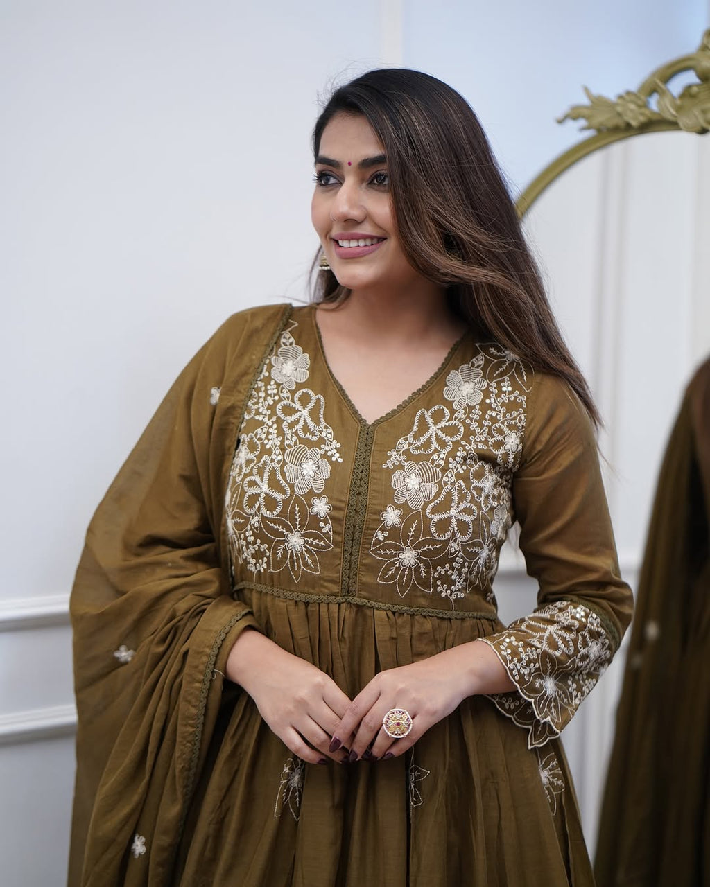 Aadesh Fashion Olive Green Cotton Silk Flared Anarkali Gown Set with Cutwork Dupatta