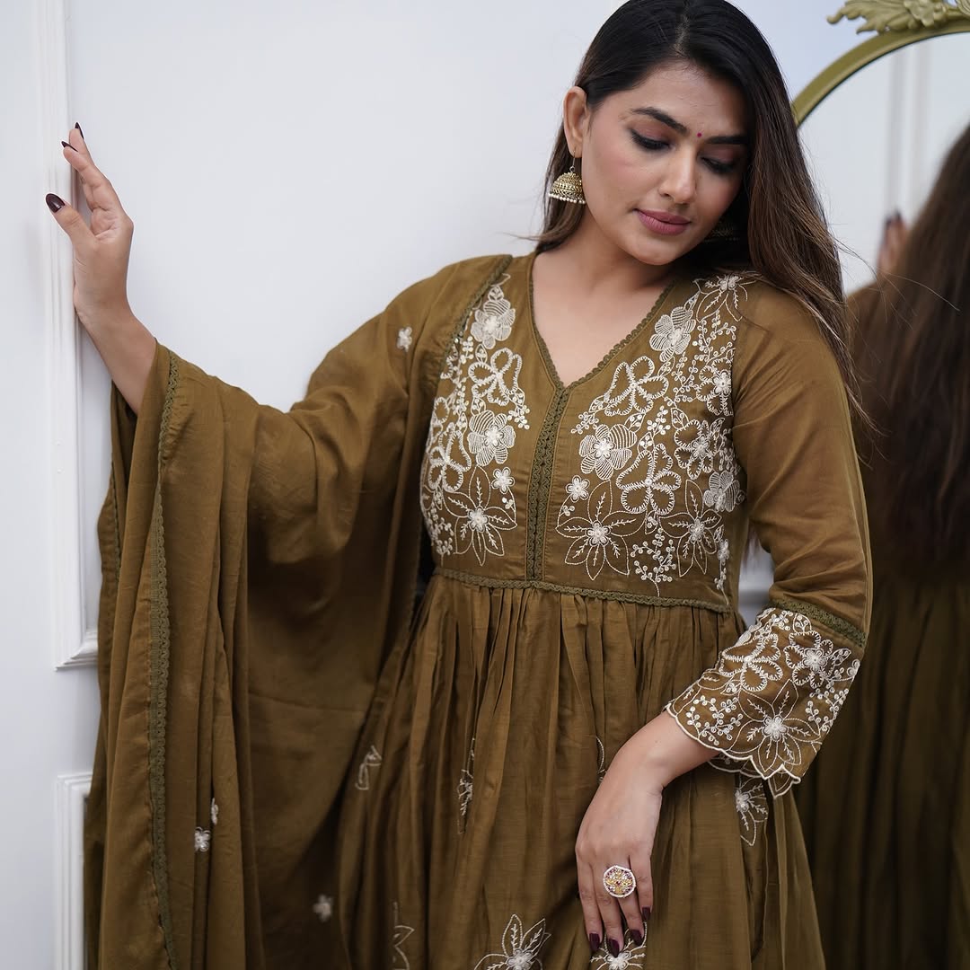 Aadesh Fashion Olive Green Cotton Silk Flared Anarkali Gown Set with Cutwork Dupatta