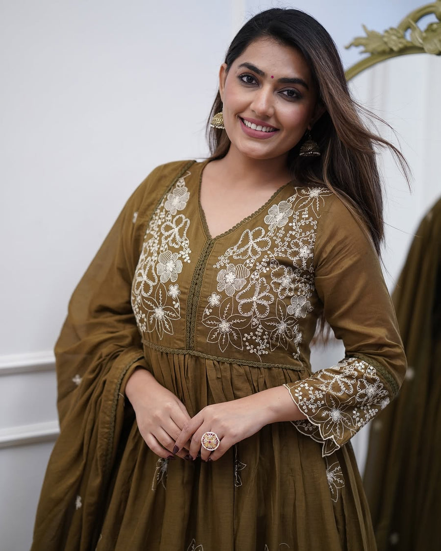 Aadesh Fashion Olive Green Cotton Silk Flared Anarkali Gown Set with Cutwork Dupatta