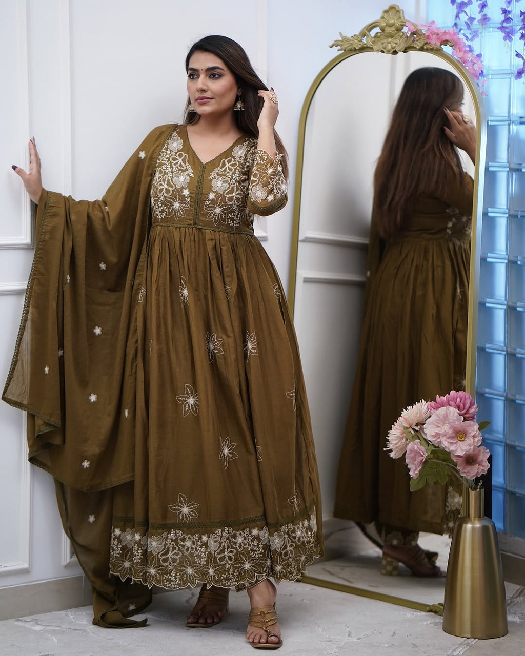 Aadesh Fashion Olive Green Cotton Silk Flared Anarkali Gown Set with Cutwork Dupatta