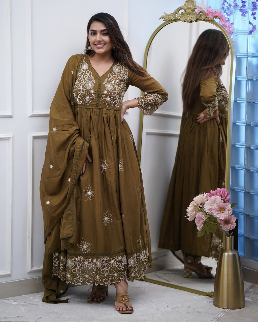 Aadesh Fashion Olive Green Cotton Silk Flared Anarkali Gown Set with Cutwork Dupatta