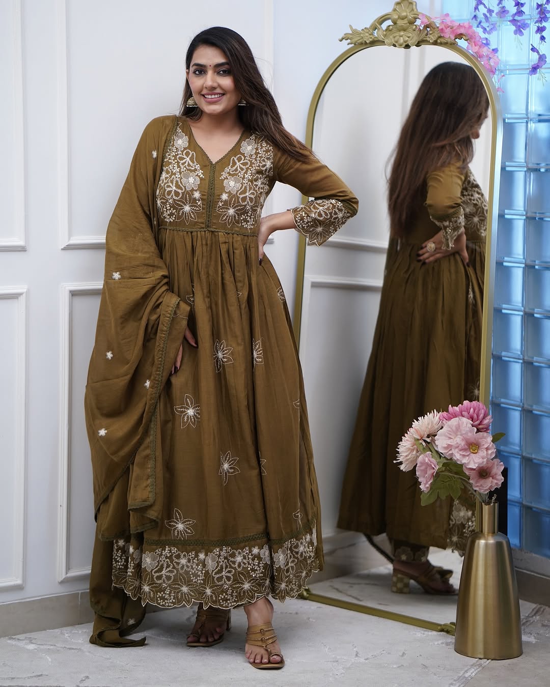 Aadesh Fashion Olive Green Cotton Silk Flared Anarkali Gown Set with Cutwork Dupatta