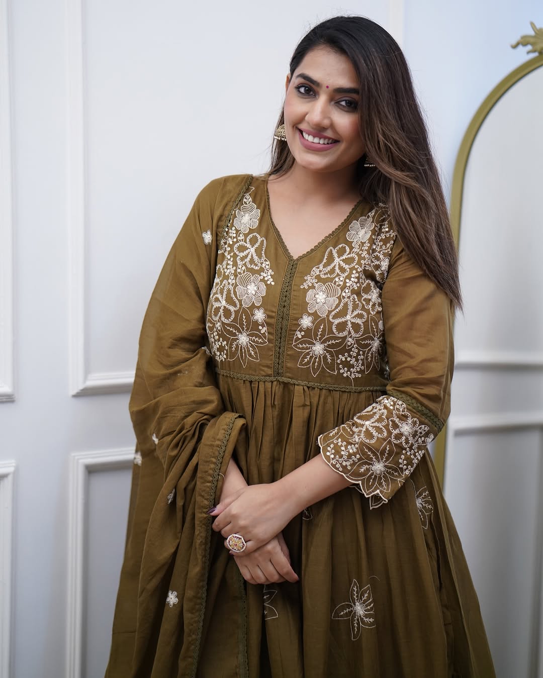 Aadesh Fashion Olive Green Cotton Silk Flared Anarkali Gown Set with Cutwork Dupatta