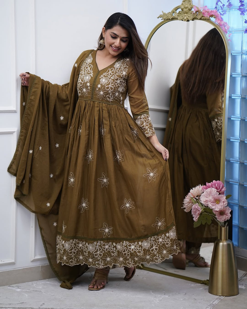 Aadesh Fashion Olive Green Cotton Silk Flared Anarkali Gown Set with Cutwork Dupatta