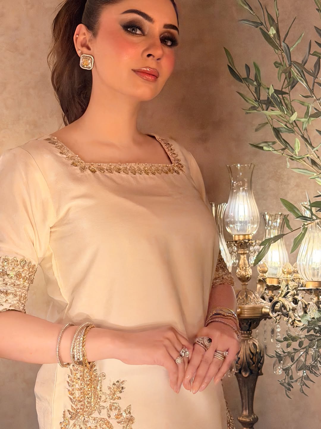 Aadesh Fashion Off-White Chinon Short Kurti Flared Palazzo Set with Organza Dupatta