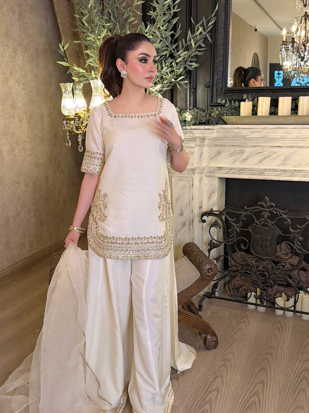 Aadesh Fashion Off-White Chinon Short Kurti Flared Palazzo Set with Organza Dupatta