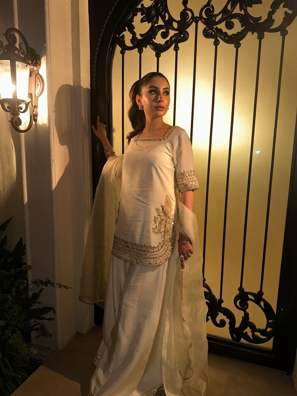 Aadesh Fashion Off-White Chinon Short Kurti Flared Palazzo Set with Organza Dupatta