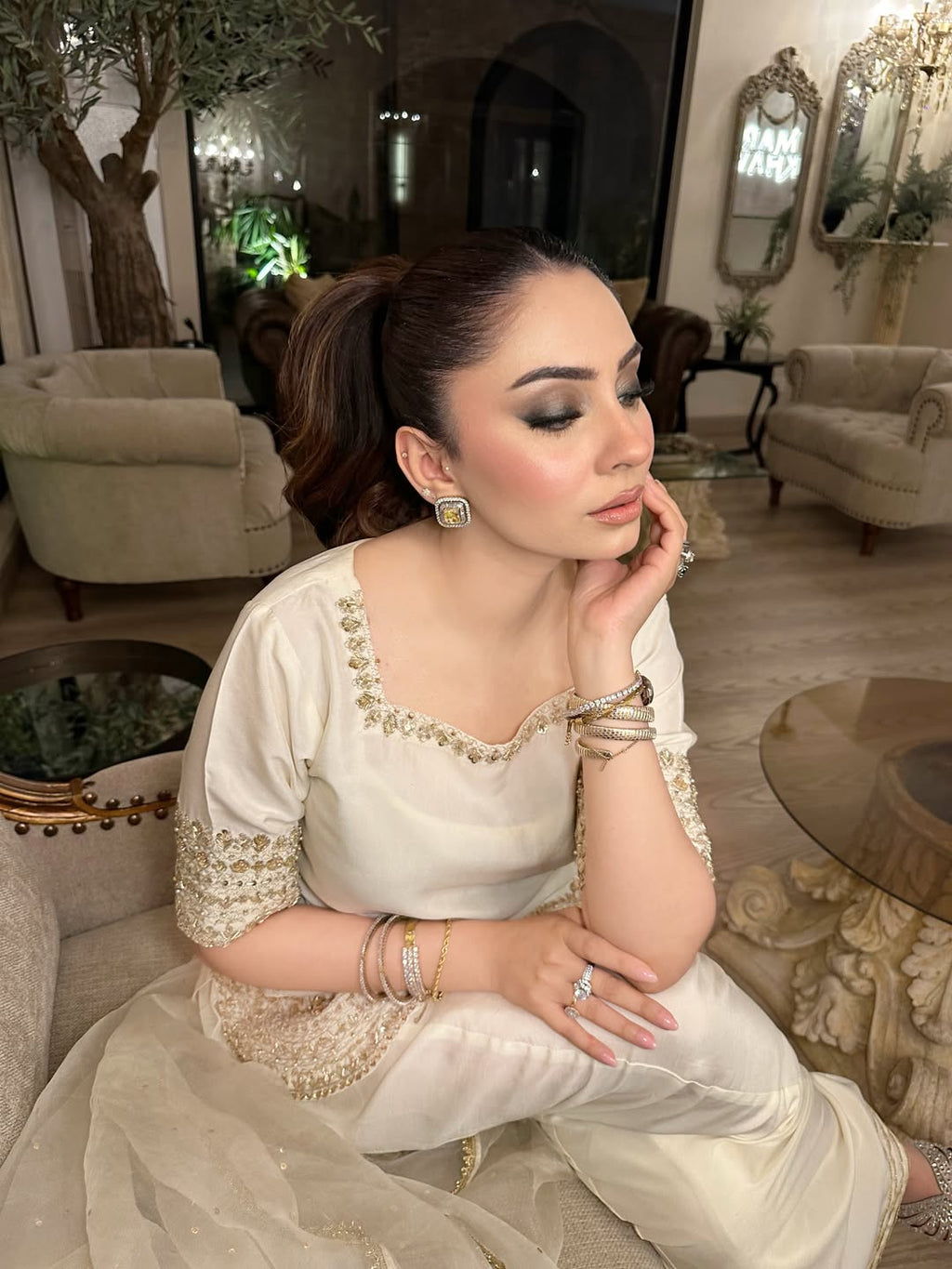 Aadesh Fashion Off-White Chinon Short Kurti Flared Palazzo Set with Organza Dupatta