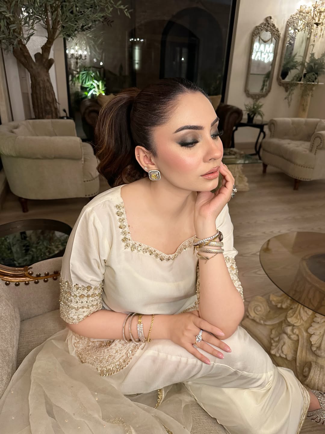 Aadesh Fashion Off-White Chinon Short Kurti Flared Palazzo Set with Organza Dupatta