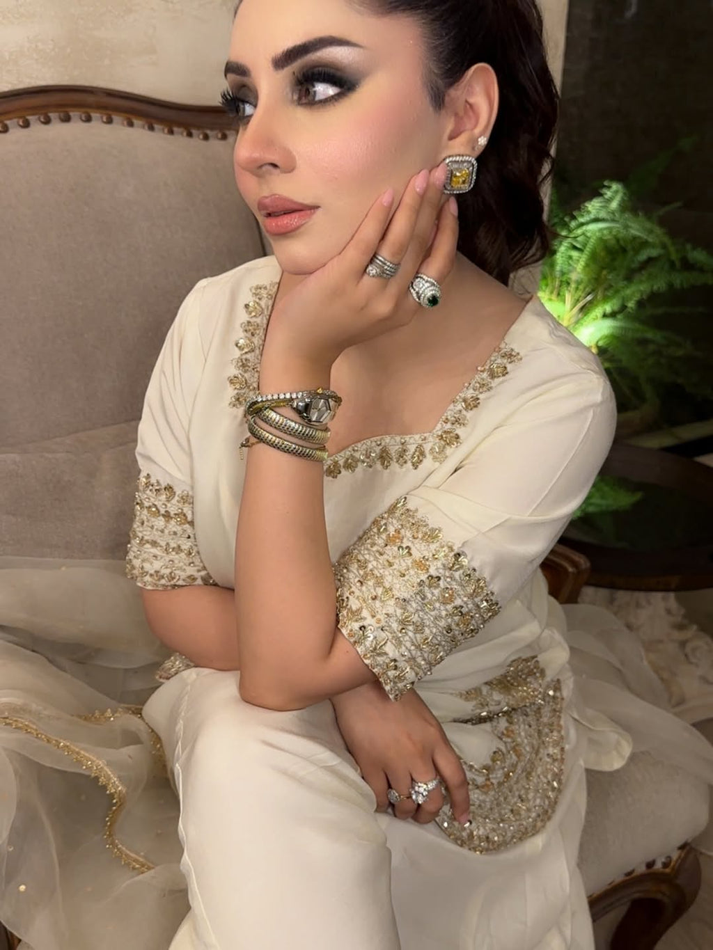 Aadesh Fashion Off-White Chinon Short Kurti Flared Palazzo Set with Organza Dupatta
