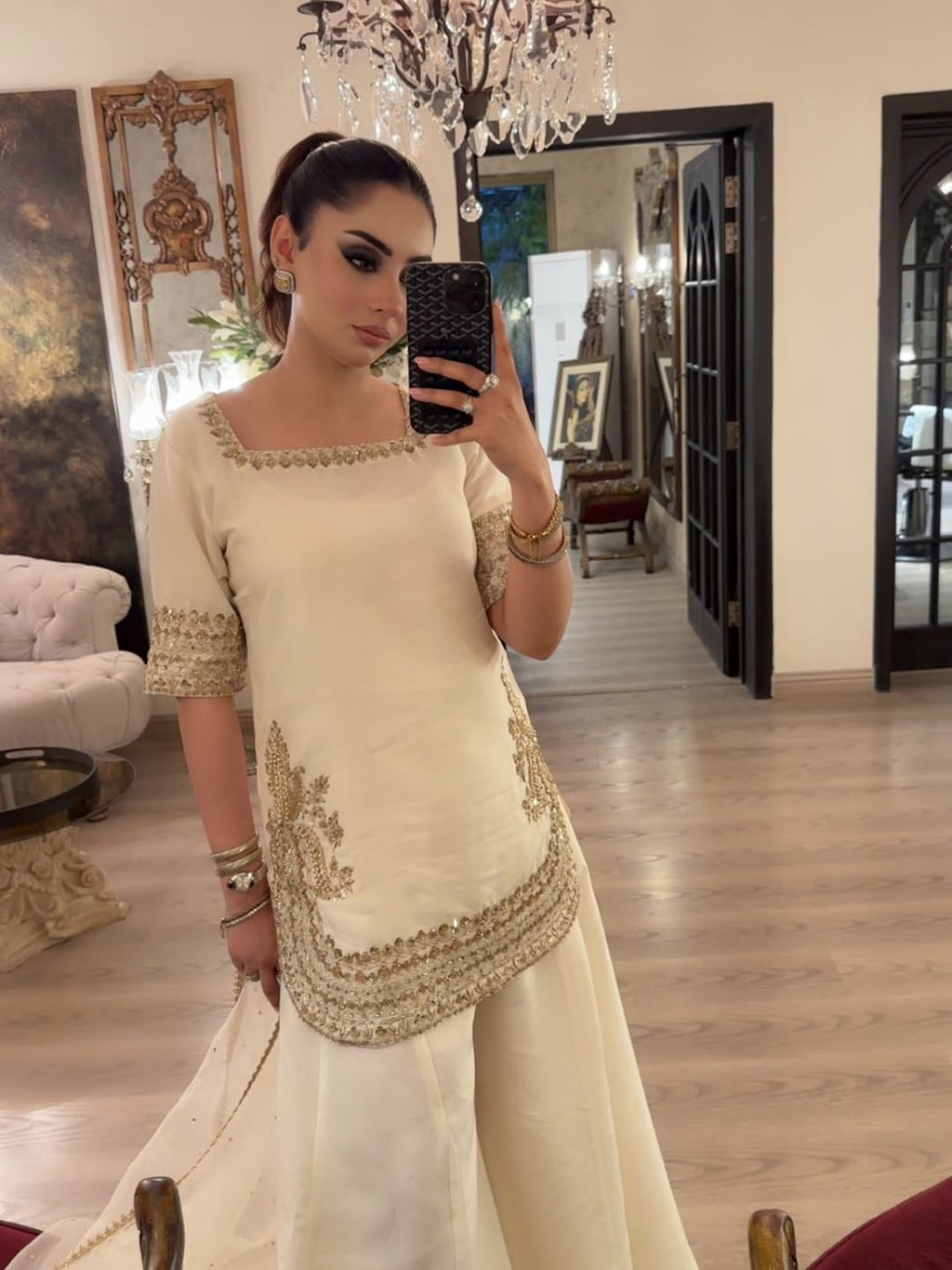 Aadesh Fashion Off-White Chinon Short Kurti Flared Palazzo Set with Organza Dupatta