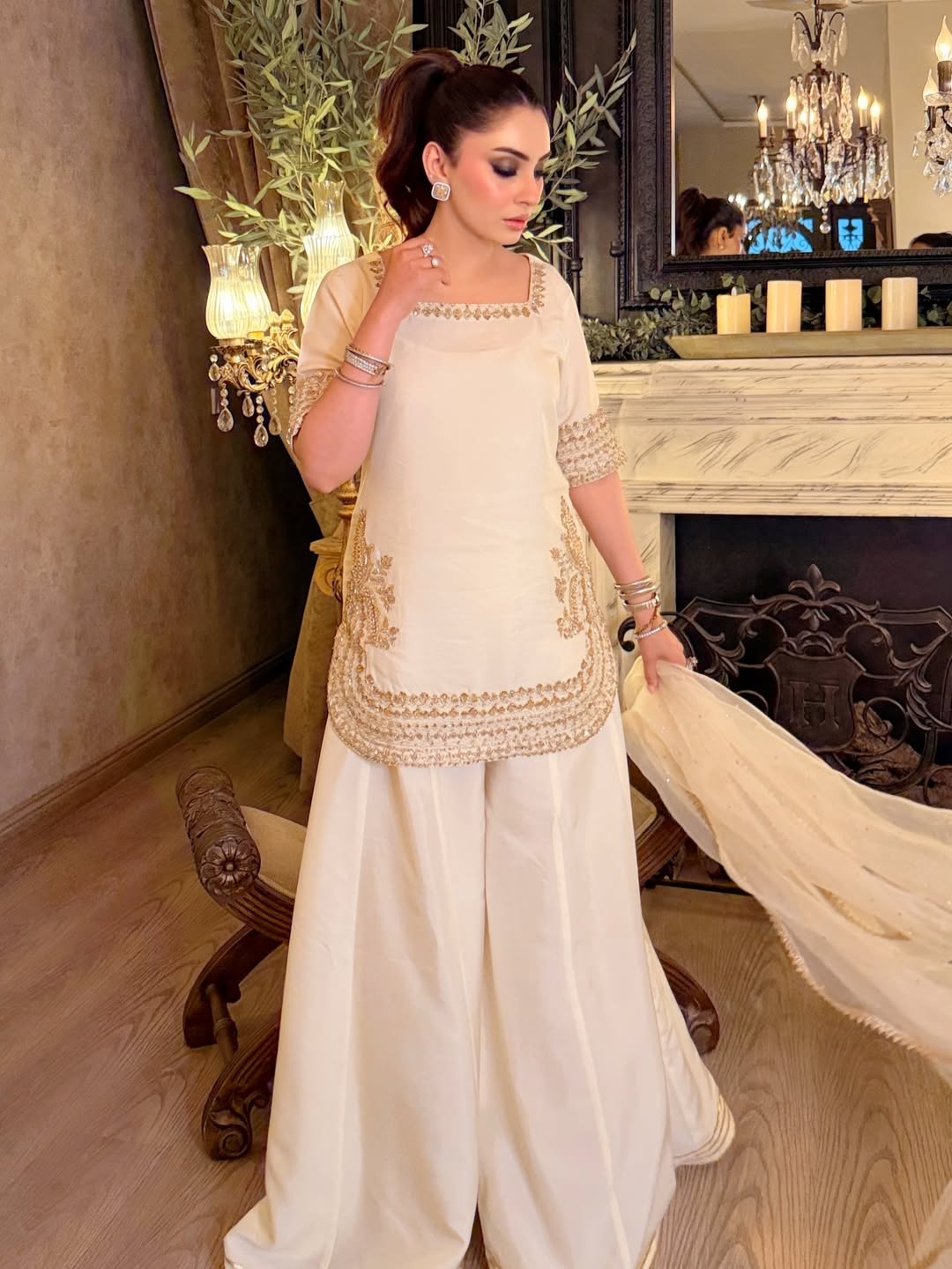 Aadesh Fashion Off-White Chinon Short Kurti Flared Palazzo Set with Organza Dupatta
