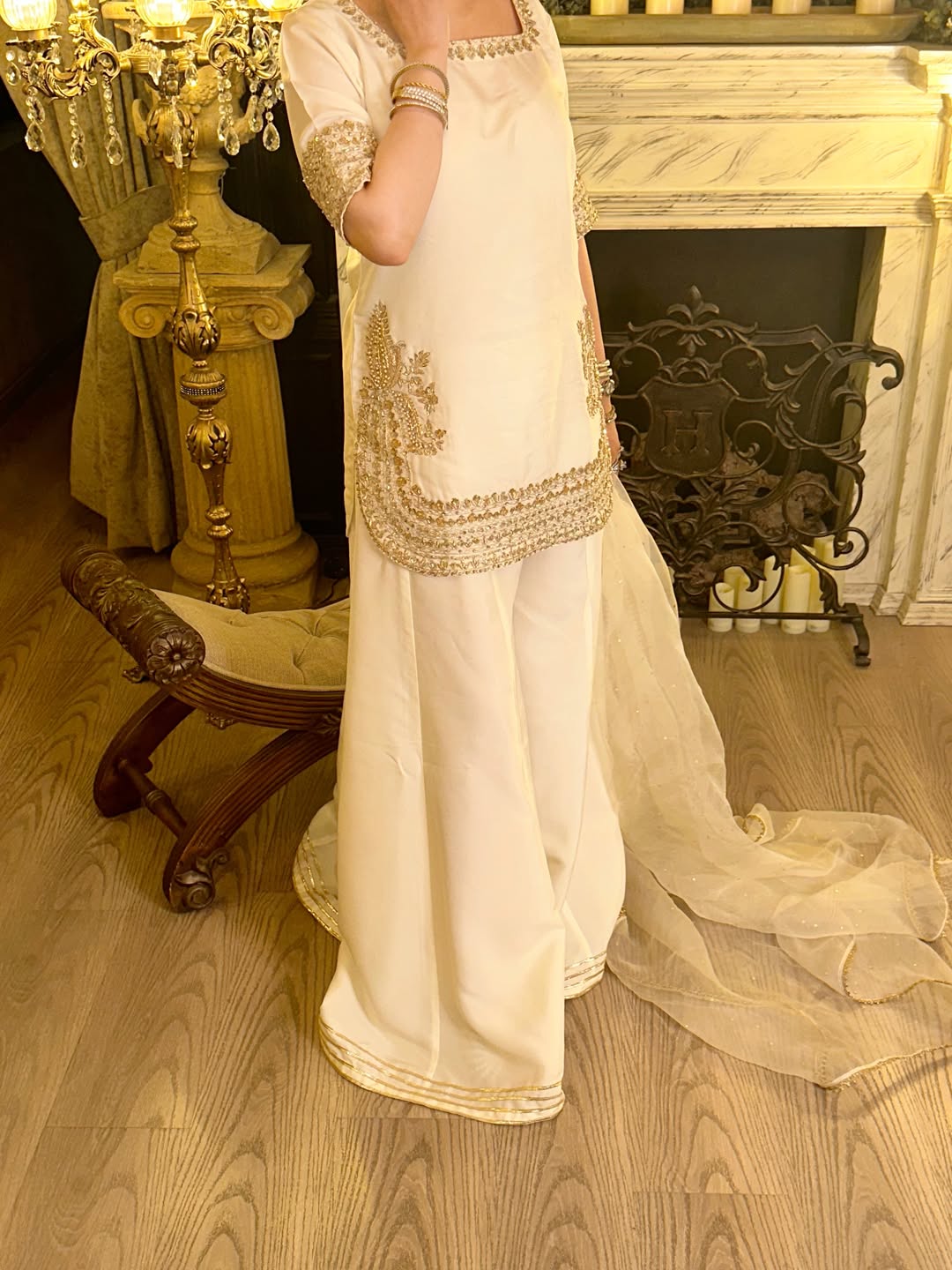 Aadesh Fashion Off-White Chinon Short Kurti Flared Palazzo Set with Organza Dupatta