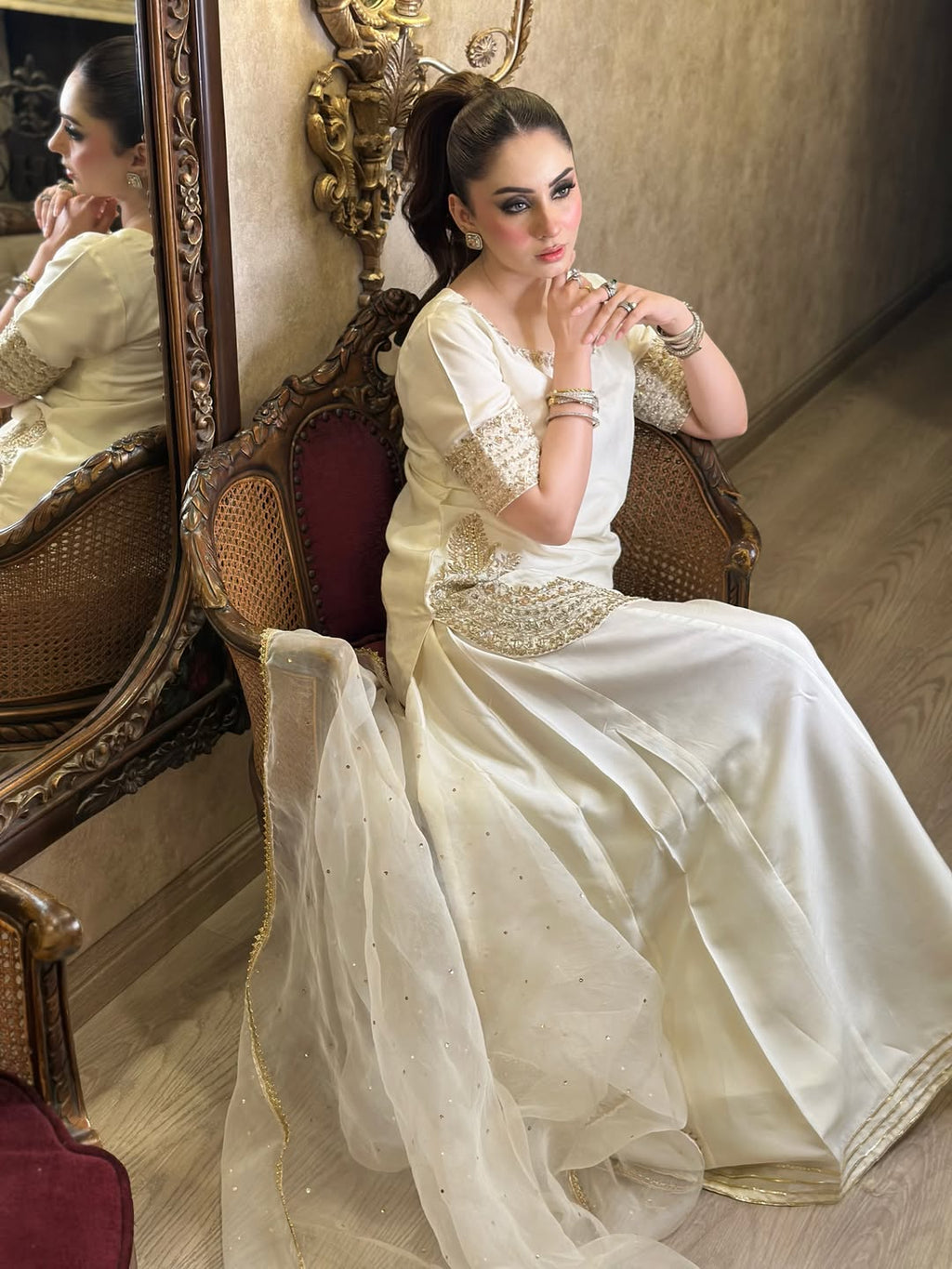 Aadesh Fashion Off-White Chinon Short Kurti Flared Palazzo Set with Organza Dupatta