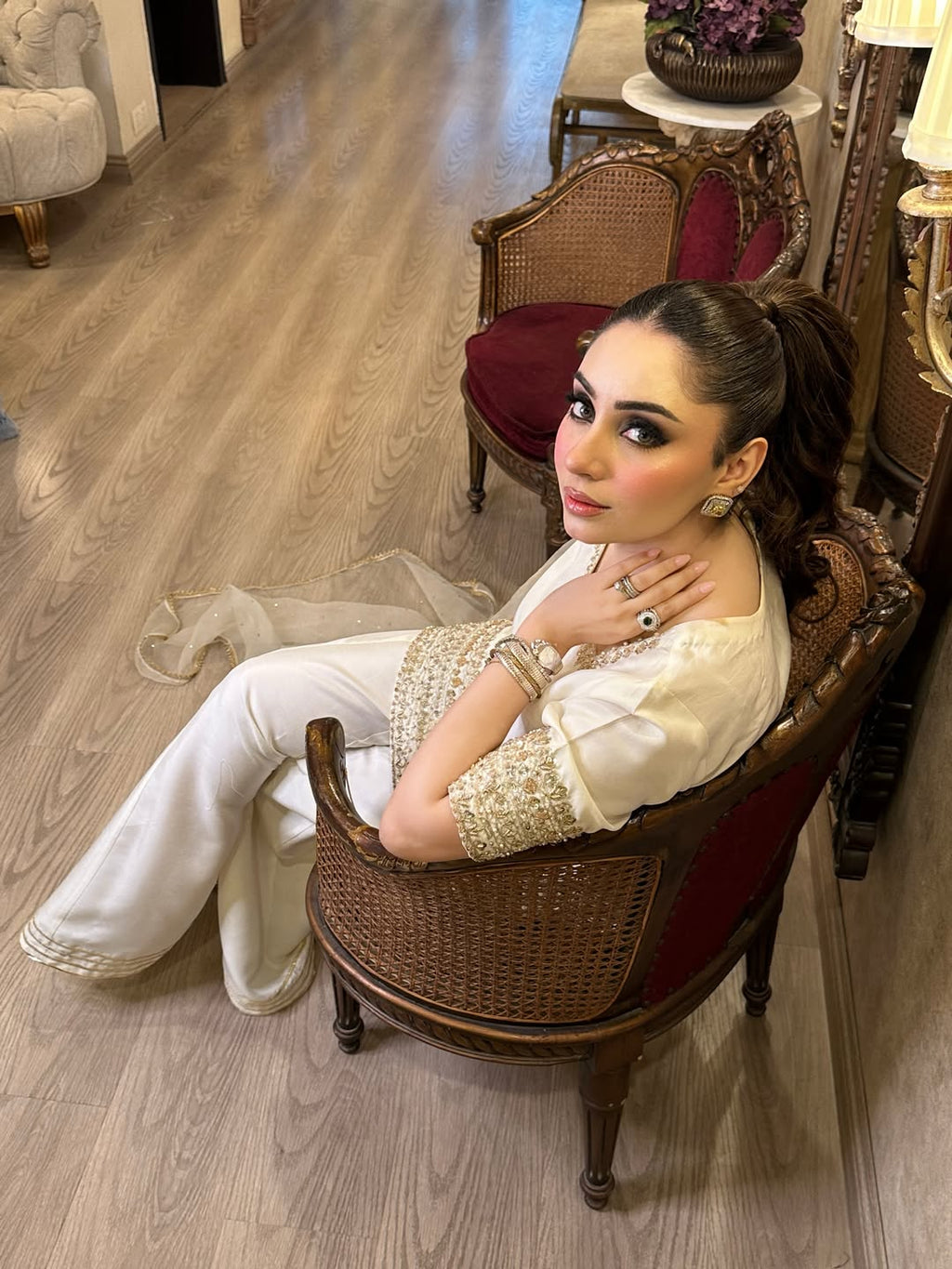 Aadesh Fashion Off-White Chinon Short Kurti Flared Palazzo Set with Organza Dupatta