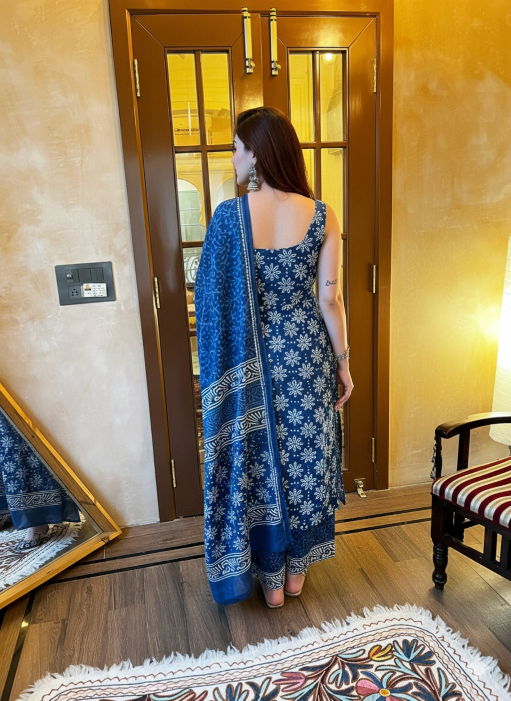Aadesh Fashion Blue Sleeveless Rayon Slub Kurti Palazzo Set with Chanderi Dupatta