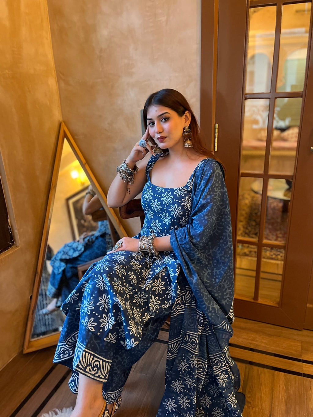 Aadesh Fashion Blue Sleeveless Rayon Slub Kurti Palazzo Set with Chanderi Dupatta