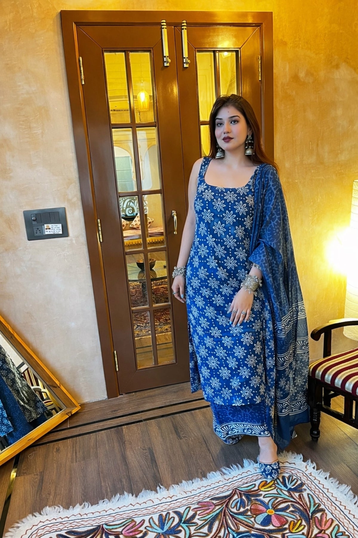 Aadesh Fashion Blue Sleeveless Rayon Slub Kurti Palazzo Set with Chanderi Dupatta